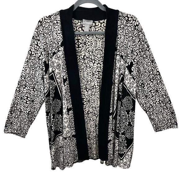 Traveler’s by Chicos Black & Cream Silky Patterned Cardigan Size 2 (US L / 12) - Picture 1 of 10